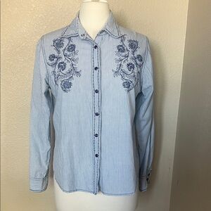 Blue Striped Women’s collar westerns Blouse with Embroidery Sz L 100% cotton